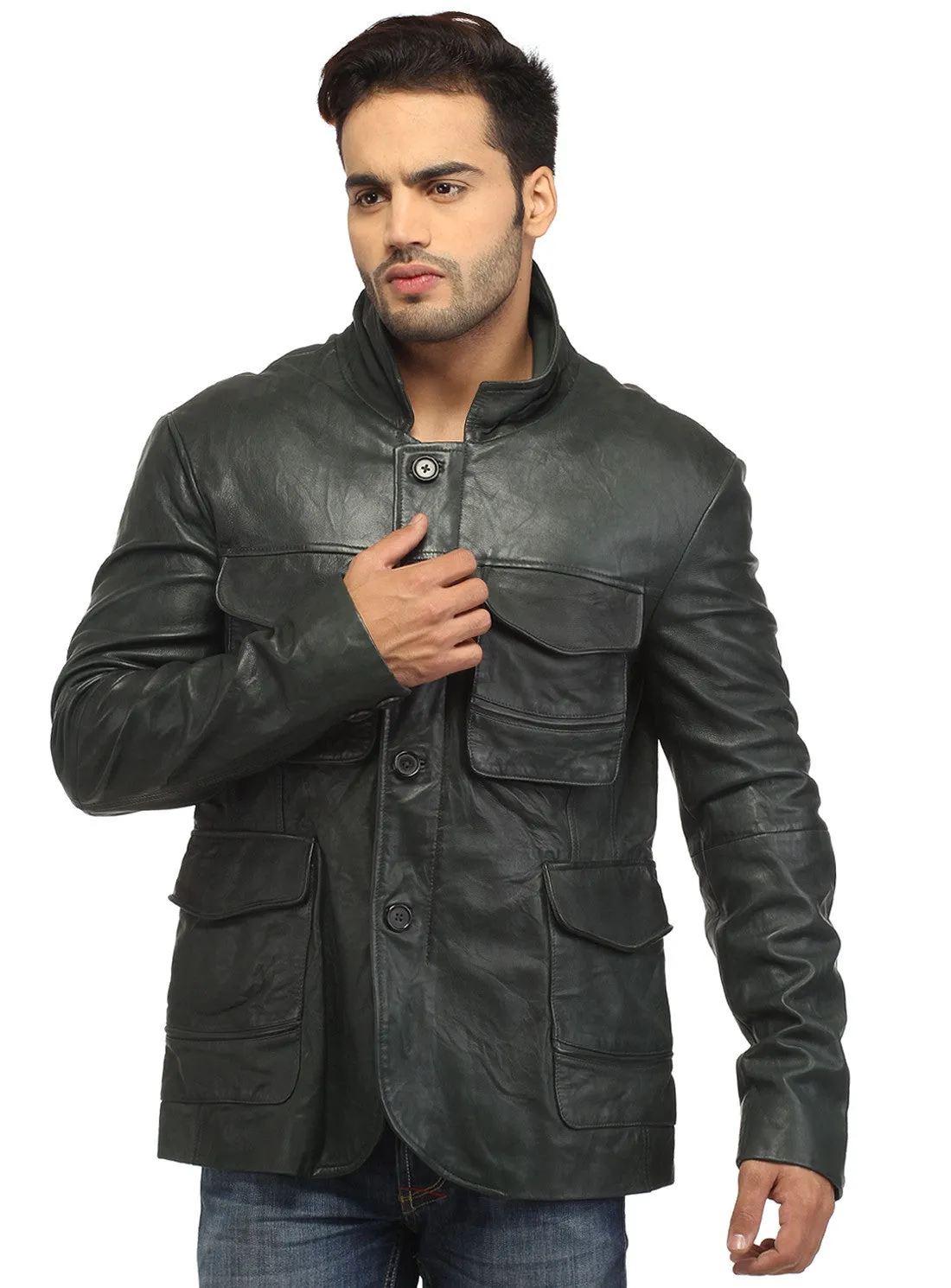 Mens Casual Patch Pockets Parker Leather Jacket