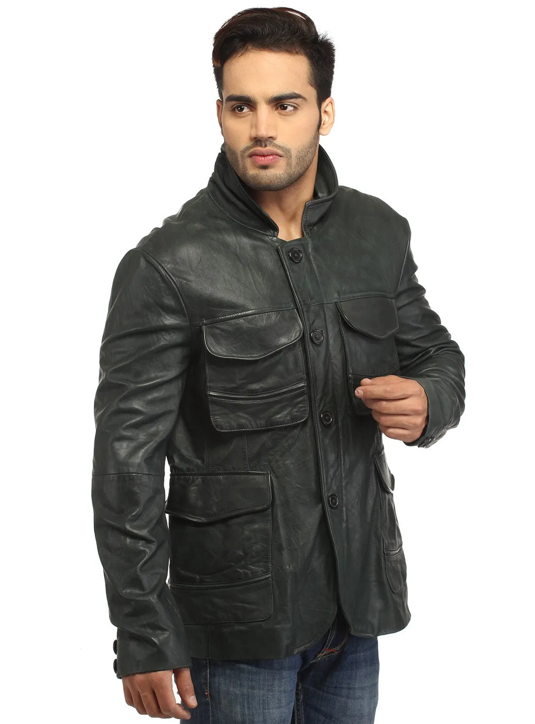 Mens Casual Patch Pockets Parker Leather Jacket