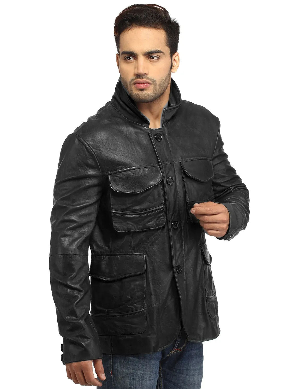Mens Casual Patch Pockets Parker Leather Jacket