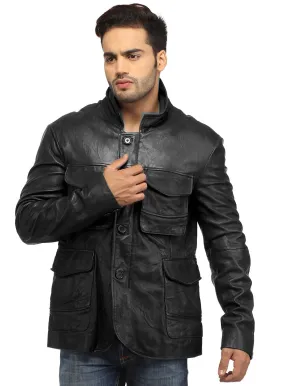 Mens Casual Patch Pockets Parker Leather Jacket