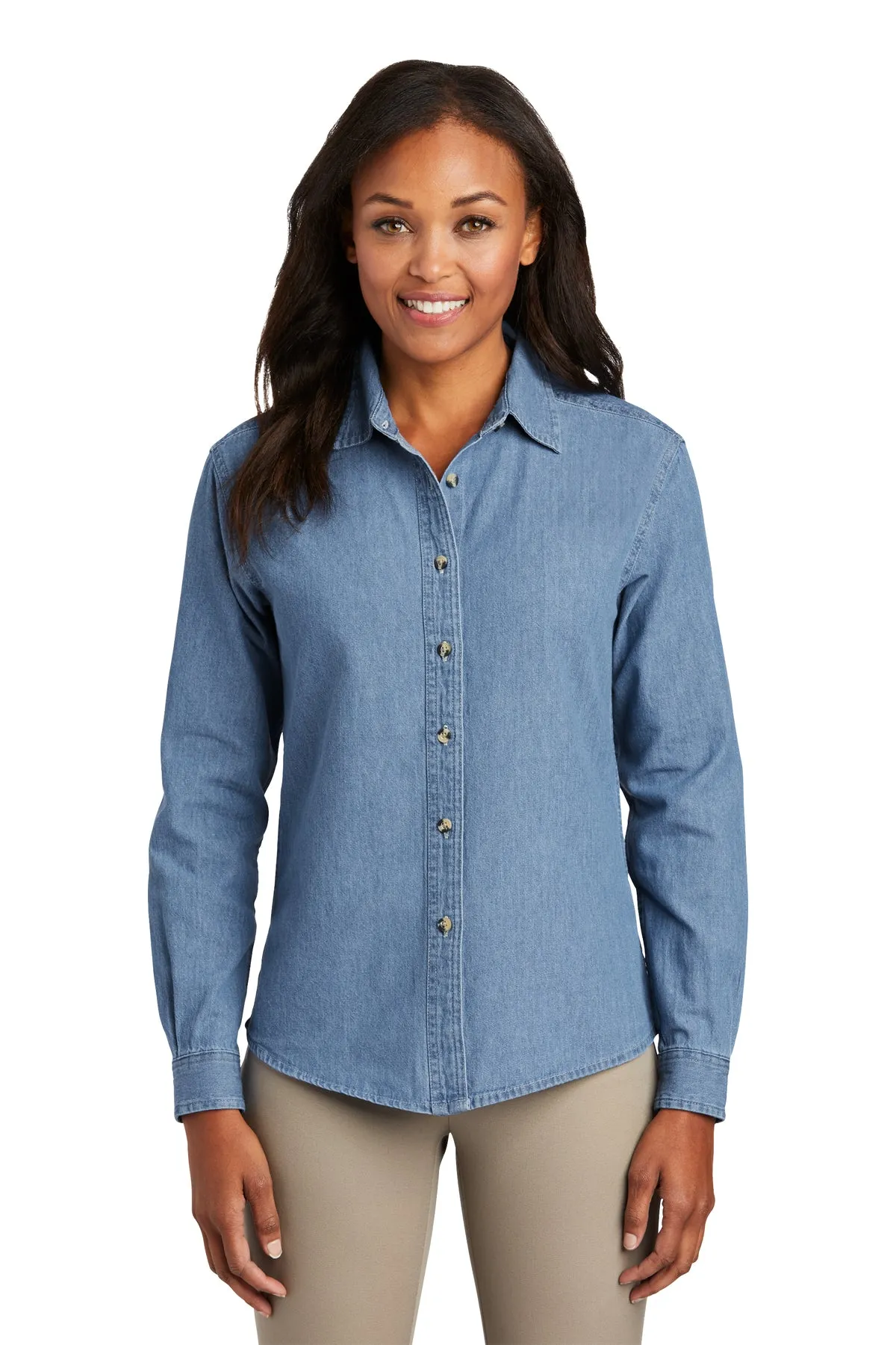Port & Company Ladies Long Sleeve Custom Denim Shirts, Faded Blue