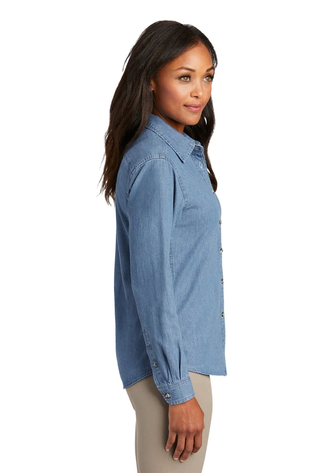 Port & Company Ladies Long Sleeve Custom Denim Shirts, Faded Blue